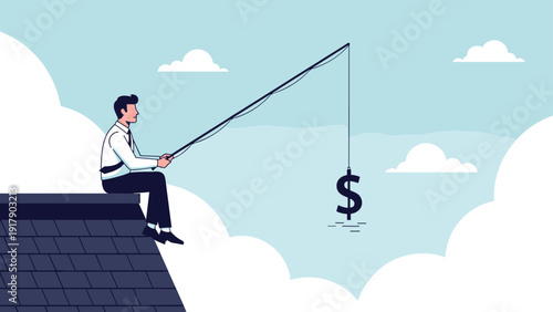 Businessman sits on the edge of a steep roof while fishing for a dollar sign symbol using a long fishing rod against the clouds.