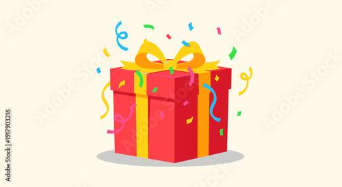 Colorful Gift Box with Ribbon and Confetti.
