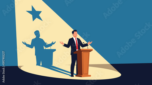 Professional speaker stands at a podium giving a speech while a spotlight creates a shadow with a star above its head.