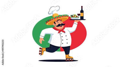 Happy Mexican chef wearing a sombrero and roller skates skillfully carries a tray with a meal and a bottle of wine.