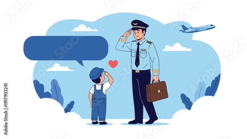 Little boy in overalls salutes an airline pilot in full uniform while they stand together outdoors with an airplane in the sky.