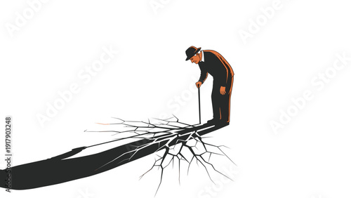 Older man with a cane looks down at a large jagged crack in the ground that forms a long shadow against a white background.