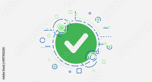 Green Checkmark Icon with Geometric Shapes.