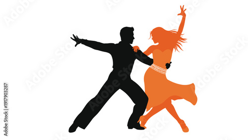 Silhouettes of a couple elegantly dancing with the woman wearing a vibrant orange dress against a plain white background.