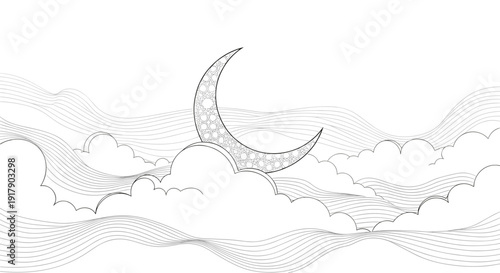 Crescent Moon Illustration with Clouds.