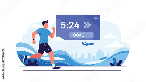 Determined man jogging along a coastal path with a digital goal timer display against a blue city landscape.