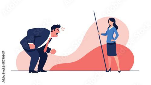 Workplace conflict scene where a frustrated male boss is shouting at a calm and professional female employee.