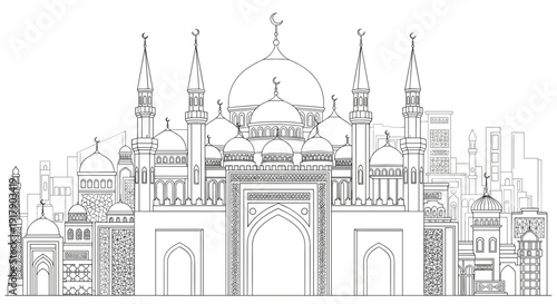 Islamic Mosque Architecture with Domes and Minarets.