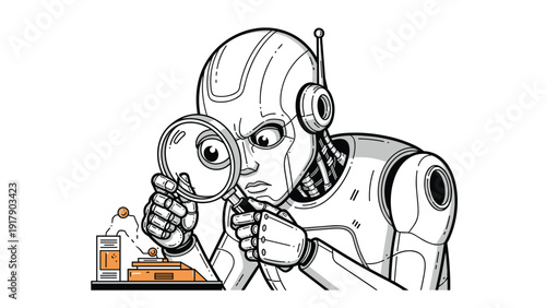 Advanced robotic character using a magnifying glass to inspect small electronic parts in a tech laboratory.