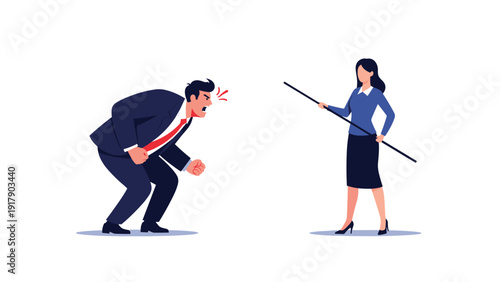 Professional confrontation between an angry businessman and a composed businesswoman holding a protective staff.