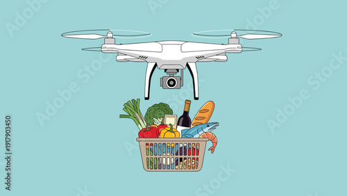 Technological drone delivery concept featuring a white quadcopter carrying a basket of fresh organic produce.