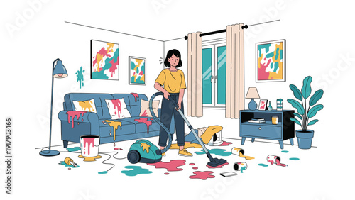 Stressed young woman attempting to clean a chaotic living room covered in colorful paint splatters and mess.