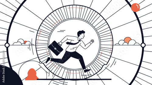 Tired businessman running inside a giant hamster wheel representing the daily work routine and career race.