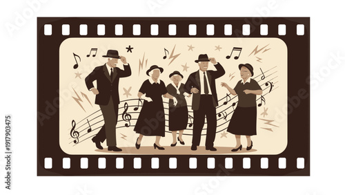 Happy senior citizens dancing together in a vintage sepia film frame decorated with musical notes and stars.