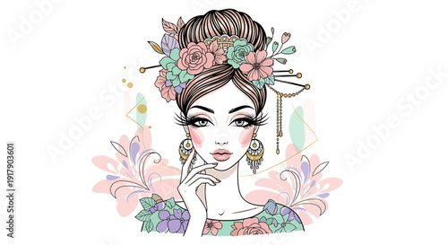 Beautiful Woman with Flowers in Hair and Elegant Makeup, Artistic Illustration