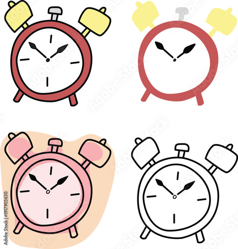 A simple alarm clock vector illustration in multiple styles.  Line art, cel-shaded and pastel.