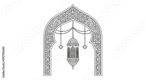 Ornate Archway with Hanging Lantern Illustration.