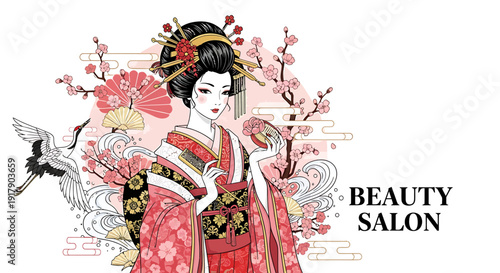 Elegant Japanese Woman in Traditional Kimono with Cherry Blossoms and Crane Illustrating Asian Beauty, Grace, and Cultural Heritage