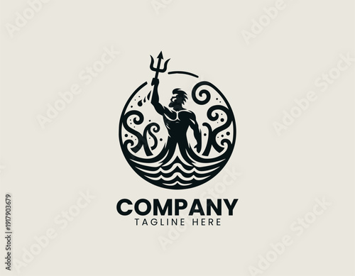 The figure of a sea god holding a trident while emerging from the water black vector logo illustration white background
