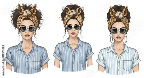 Trendy vector portraits featuring a chic woman with curly hair, sunglasses, and a distinctive headscarf, presented in a set of modern character designs