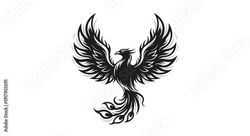 Black Phoenix Rising with Spread Wings Illustration.