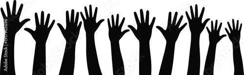 Raised human hands silhouette, crowd participation concept, volunteering support, teamwork unity, social movement illustration, black hands isolated on white background