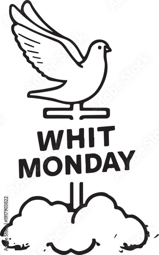 A whimsical illustration of a pigeon perched on a cloud with whit monday text below