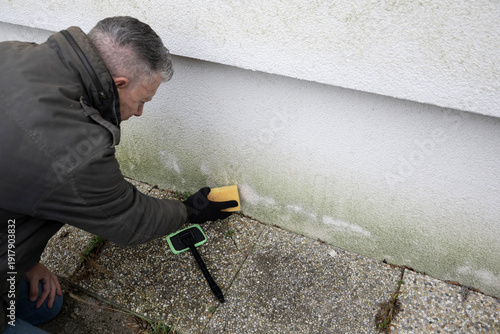 Man inspects and cleans mold and moss on facade with a sponge