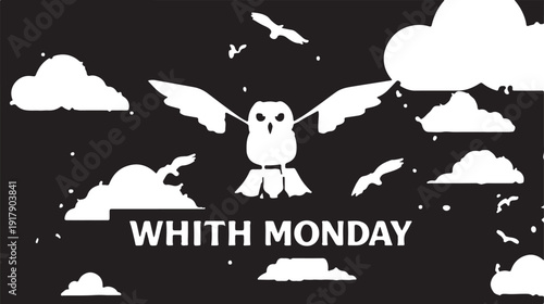 A whimsical owl soaring above fluffy clouds with a witty phrase.