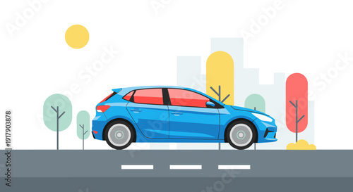 Blue Car Side View Illustration.