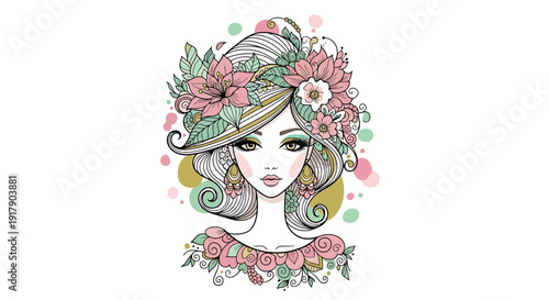 An artistic illustration of a woman adorned with flowers and delicate details