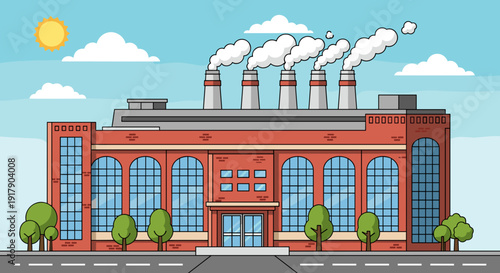 Red Brick Factory Building with Smokestacks.