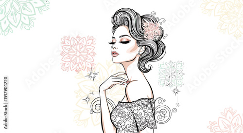 Elegant Woman with Vintage Hairstyle and Floral Motifs - Artistic Illustration