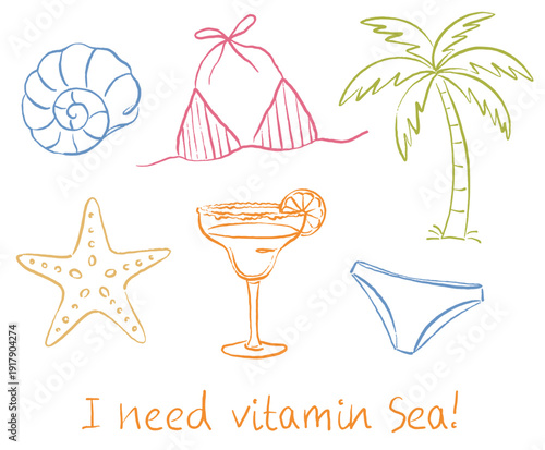 Summer sea vacation elements with bikini, palm, and shell. Tropical beach doodles featuring starfish, cocktail, and sun. Travel holiday sketches with ocean icons and breezy style.