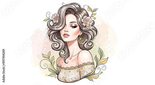 Beautiful woman with flowing hair and flowers, elegant portrait illustration