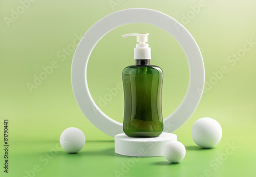  pump bottle with skin care or antiseptic surrounded by geometric shapes on a green background