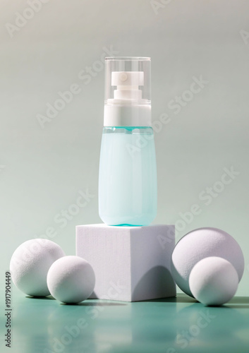 Hydrating facial mist bottle on gray-blue background. Ideal for self-care content and organic skincare marketing