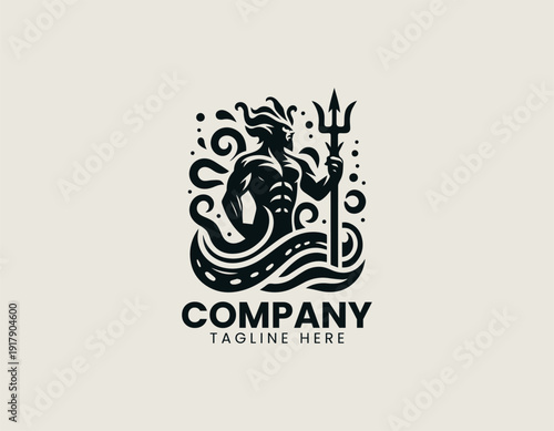 The figure of a sea god holding a trident while emerging from the water black vector logo illustration white background
