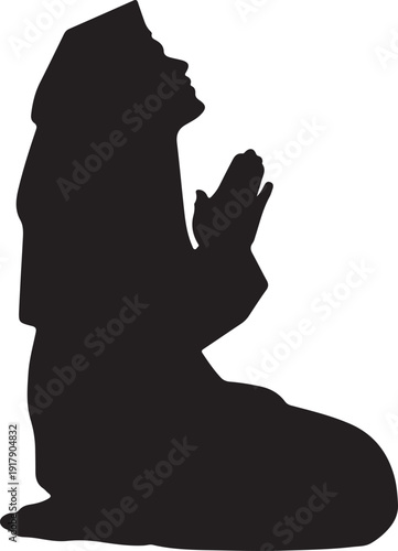 Silhouette of a person kneeling in a prayer position with hands clasped together.