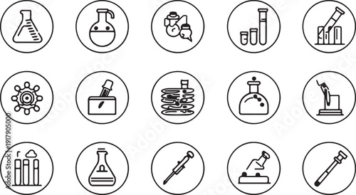 Collection of icons representing various scientific and laboratory equipment and concepts