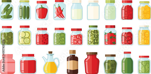 Preserved Food Jar Vector Set Featuring Pickled Vegetables, Canned Fruits, Glass Jars, and Homemade Pantry Storage Illustrations