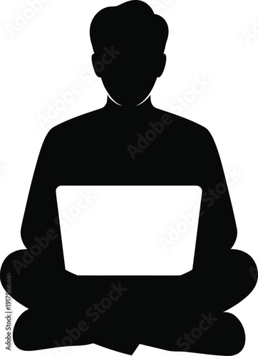 Silhouette of a person meditating with a laptop in a lotus position