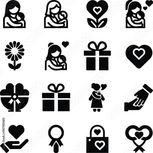 A graceful display of 16 black icons on a white background, celebrating love and motherhood with gentle symbols of family, hearts, and gifts
