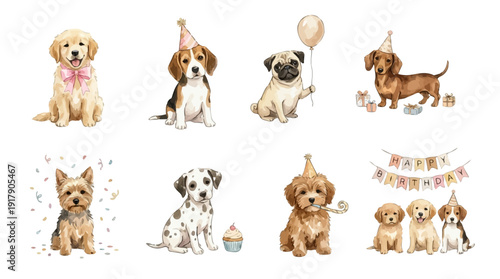 Festive set of cute Birthday dogs: Golden Retriever, Pug, Beagle, Dalmatian, Yorkie. Collection of Vector illustrations. Perfect for invitation, card, poster, banner, decoration
