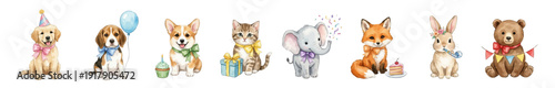 Birthday watercolor animals: dog, cat, fox, rabbit, bear, elephant. Collection of Vector illustrations. Perfect for invitation, card, poster, banner, decoration