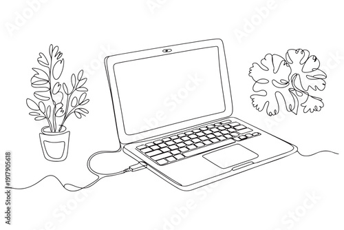 Continuous one line drawing of laptop workspace with plants minimal home office illustration
