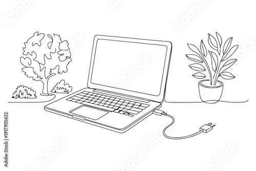 Continuous one line drawing of laptop workspace with plants minimal home office illustration
