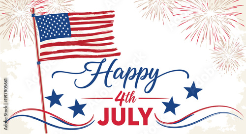 Happy 4th of July greeting card with American flag and fireworks, isolated on beige background