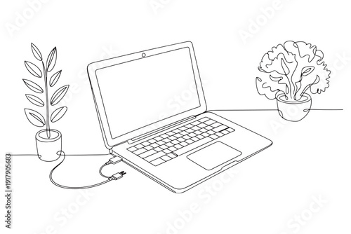 Continuous one line drawing of laptop workspace with plants minimal home office illustration
