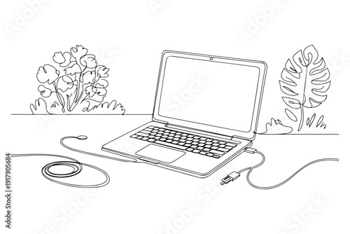 Continuous one line drawing of laptop workspace with plants minimal home office illustration
